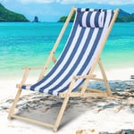 Chaise longue pliante en bois Chaise de plage 3 positions Chilienne transat jardin exterieur Bleu blanc Avec mains courantes