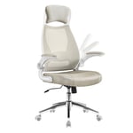 SONGMICS Chaise de Bureau, Fauteuil Pivotant, Siège avec Accoudoirs Rabattables, Appui-tête et Support Lombaire, Dossier Inclinable, Surface en Toile, Beige Cappuccino OBN086K01