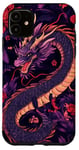 Coque pour iPhone 11 Violet Art Déco Floral Dragon Japonais Samouraï Esthétique