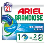 Ariel Grandiose PODS, Lessive Liquide En Capsules 21 Lavages, Fraîcheur Alpine 2 X Action Détachante et Anti-Odeur