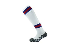 Mitre Junior Division Tech Football Socks | Long Sport Sock | Lightweight | Breathable Mesh, White/Royal Blue/Scarlet, Mini (12 UK Child - 2 UK)