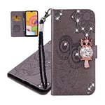 IMEIKONST Phone Case for Samsung Galaxy A14 5G, Owl Embossed Glitter Sparkly Gems PU Leather Wallet with Card Slots Flip Folio Stand Magnetic Silicone Bumper Cover for Samsung A14 5G. Owl Grey YK