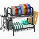 niffgaff 2 Tier Black Dish Drainer Rack, Stainless Steel Drying Rack Kitchen, Drainers Draining Board with Drip Tray, Rust Proof Large Washing Up Sink