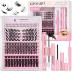 Individual Lashes Kit, Mix10-16mm DIY Eyelash Extension 168 Wide Stem Clusters & 22 Invisible Band Lower Lashes & Lash Bond and Seal & Lash Remover & Lash Glue & Tweezers (3+1 Pro Kit, Mixed 10-16mm)