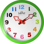 MPM Quality Arrow Horloge murale pour enfant en couleurs joyeuses avec aiguilles en forme de flèche, vert, en plastique, verre minéral, chiffres arabes, mouvement à quartz, ∅ 305 x 40 mm, pour chambre