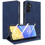 QHOHQ Tenphone Coque pour Samsung Galaxy A15 4G/5G [avec A15 Verre Trempé], [RFID Blocage], Etui Protection Housse Premium en Cuir PU, [Multifonctionnel] Magnétique Flip Case (Rétro) - Bleu foncé