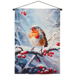 Christmas Picture Fibre Optic Lights 60cm x 40cm Fabric Scroll - Snowy Robin