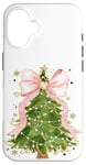 Coque pour iPhone 16 Coquette rose avec nœud en ruban et sapin de Noël vert pour fille