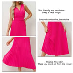 (Rose Red XL)Pleated A Line Dress Deep V Neck Long Sleeveless Pleated Midi BLW