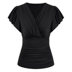 Slim Fit Ruched Blouse Cross Front V Neck Short Sleeved Blouses Shirts Top For