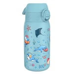 Ion8 Gourde Enfant Acier Inox 400ml, Anti-Fuite, Facile à Ouvrir, Verrouillage Sécurisé, Lavable au Lave-Vaisselle, Poignée de Transport, Facile à Nettoyer, Durable, Acier Inoxydable, Design Requins