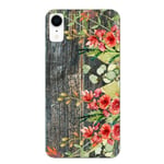 Coque Iphone XR effet bois gris fleur rouge