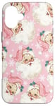 iPhone 16 Plus Vintage Pink Santa Face Pattern Snowflakes Retro Christmas Case