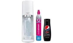 Sodastream Terra Sparkling Water Maker Machine - White + Set of 6 x Pepsi Max concentrates, Sugar-Free