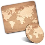 Rectangle Mouse Mat & Round Coaster Set - Wooden Earth Map Global Travel 20 cm & 9 cm for Computer & Laptop, Office, Gift, Non-slip Base #15943