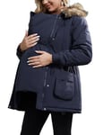 Maacie Manteau de maternité 3 en 1 pour femme, vêtement d'extérieur épais doublé en polaire, manteau d'hiver chaud à capuche, bleu marine, S