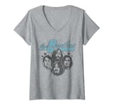 Womens The Beatles - Groovy Blue Logo with Band Member Faces V-Neck T-Shirt