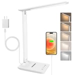 joyshie Lampe de Bureau LED avec Adaptateur, Pliable Lampe de Chevet Dimmable avec 5 Modes de Couleur et 5 Niveaux de Luminosité, Port de Charge USB, Pour Lecture Travail (Blanc-avec Adaptateur)