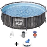 BESTWAY Piscine hors sol SteelPro Max ronde Décor bois, 366 x 100 cm, filtre à cartouche, échelle + Robot aspirateur Guppy