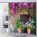 Italian Shower Curtain View of Stonewall House W/ Flowerpot Red Purple Flower