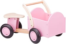 New Classic Toys 11404 Baby Wooden Ride On Trike Toy, Toddlers First Tricycle for One Year Old, Children Scooter for Age 18 Months with 4 Wheels Pink Color, Carrier Bike