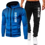 BOSS Herr Tracksuit 2-delad Hoodie Långärmad Zip-up Jacka med Casual Joggingbyxor Sweatsuit Set Royal Blue-Black 2XL