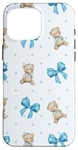 Coque pour iPhone 16 Pro Max Ruban bleu avec motif à pois et ours en peluche mignons