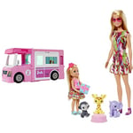 Barbie Combo Camping Car de et Coffret Famille 2 poupées et Animaux et Chelsea, Jouet Cadeau pour Enfant