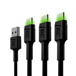 Green Cell 3x jeu de câbles USB-A - USB-C Typ-C 2m avec rétro-éclairage LED Chargeur Cable noir compatible pour Samsung Galaxy S23 S22 S21 S20 Ultra S10 S9 S8+ | Note 20 10 9 8 | Téléphones Android