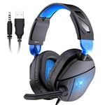 Gaming Headset Stereo Surround for PC, 2m Gaming Headphones Wired with Noise Canceling Mic, PS4 PS5 Headsets with Soft Memory Earmuffs, RGB Light, Over Ear Headphones for Xbox One Mac Laptop, Blue