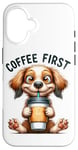 Coque pour iPhone 16 Coffee First Tasse à café Motif chiot mignon