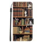 Nuxiady Coque pour Samsung Galaxy A15 4G / 5G Antichoc PU Cuir à Rabat Housse Étui avec Mignonne Motif Dessin Design, Portefeuille Etui Flip Folio Case Cover pour Galaxy A15 5G, Chat Bibliothèque