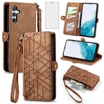 Asuwish Phone Case for Samsung Galaxy A54 5G Wallet Cover with Tempered Glass Screen Protector and Wrist Strap Leather Flip Zipper Credit Card Holder Stand Cell A 54 54A SM A546U 2023 Women Men Brown