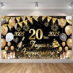 Seutgjie Banderole Joyeux Anniversaire 20 Ans 2005-2025, Décoration Anniversaire 20 Ans Toile de Fond Anniversaire Hommes/Femmes, Bannière Joyeux Anniversaire pour Fête, Or Noir 180 x 110 cm