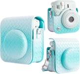 Housse pour Fujifilm Instax Mini 12 Appareil Photo Instantané étui, Cuir PU Gradient Weave Veins Coque de Protection avec Bandoulière - Bleu