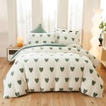 Covebett Housse de Couette Flanelle 200x200 Vert Blanche Coeur, Chaude Hiver Polaire Parure de Lit en Velours Doux avec Fermeture Éclair, Linge de Lit 2 Personnes avec 2 Taies d'oreiller 65x65cm