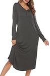 Vlazom Chemise de Nuit Femme Manches Longues Grande Taille avec Boutons sur Le Devant,L,A-gris Foncé