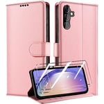 QHOHQ Tenphone Coque pour Samsung Galaxy A54 5G + 2 Pièces Verre Trempé, Etui Protection Housse Premium en Cuir PU, Antivol, Fermeture Magnétique Flip Case pour Samsung A54 5G - Rose