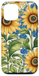 Coque pour iPhone 14 Jaune tournesols d'été fleurs bleues joli motif floral