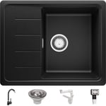 Primagran - Evier Cuisine en Granit 62 x 50 cm Lavabo 1 bac + Robinet + Siphon Classique, Évier à Encastrer de Noir