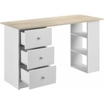 Bureau table poste de travail informatique avec 3 tiroirs 120 cm blanc et bois