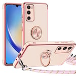 Coque avec Cordon pour Samsung Galaxy A34 5G, Coeur Motif Étui avec 360 Rotatif Anneau Support TPU Souple Silicone Housse Amovible Collier Téléphone Portable Lanyard Case, Rose