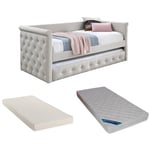 Lit banquette gigogne capitonné - 2 x 90 x 190 cm - Tissu - Beige + Matelas - louise