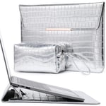 HYZUO 13,3-14 Pouces Femmes Housse Ordinateur Portable avec Stand pour MacBook Pro 14 M3/M2/M1 2024-2021, MacBook Air 13 2017-2012, 13,8-13,5 Surface Laptop, avec Pochette, Motif Crocodile Argent