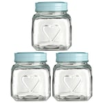 3pc 900ml Embossed Heart Glass Storage Jar Container Aqua Blue Lid Food Canister