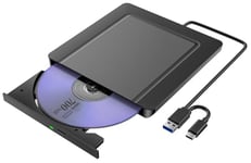 Lecteur CD/DVD Externe pour PC, Ultramince USB 3.0 et USB-C Graveur DVD Externe Optique Portable CD/DVD -/+RW Drive, Mince DVD Player Transmission Rapide Câble USB Intégrée pour Windows/MacOS/Laptop