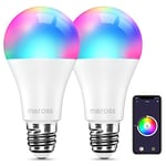 meross Ampoule Connectée, Ampoule LED E27 Compatible avec Alexa et Google Home, Lot de 2 Ampoule WiFi RGBWW Dimmable Multicolore avec Commande Vocale et Contrôle à Distance, Équivalente à 60W