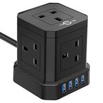 Cube Extension Lead with USB Slots, 5 Way Plug Extension with 4 USB(3.1A), KEPLUG Black Multi Plug Power Strip 2m Extension Cable,3250W/13A UK Power Socket Extension Cord for Desk Home Office Travel