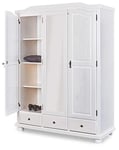 Inter Link – Armoire rustique – Armoire de chambre 3 portes – Armoire avec miroir - 3 tiroirs – 1 penderie et 5 niches – Armoire en pin massif – Vernis blanc – L :150 x P :56 x H :198 cm – Kappl