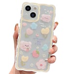 ECZOIL Compatible avec Coque iPhone 15 Plus Wave Aesthetic Mignon Dessin Motif Floral et Ours Cute Clear Femmes Filles Kawaii Slim Soft TPU Transparent Phone Case for iPhone 15 Plus-Jaune